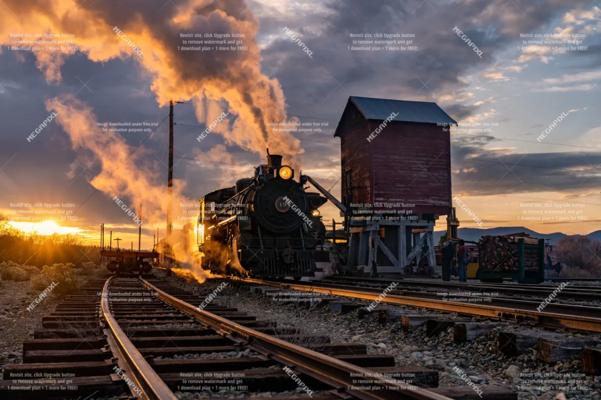 A scenic outdoor image showcasing a steam locomotive, wooden structure, railroad tracks, and a dramatic sunset. While not directly of a golf course, the rich outdoor setting emphasizes local exploration, recreation, and the appealing natural environment.