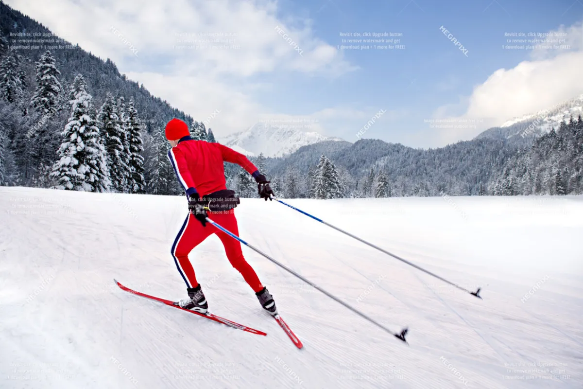 A cross-country skier navigates a snowy landscape with majestic mountains in the background. The scene blends energetic movement with tranquil, natural surroundings, evoking both the thrill and serenity of a day spent outdoors at the resort.